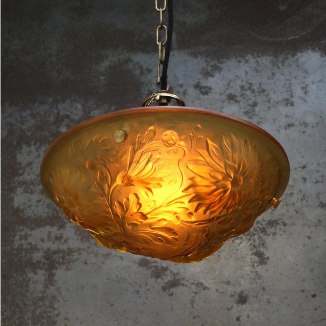 1920s Art Nouveau French Brass and Yellow Pressed Glass Pendant Light, 1920s For Sale - Image 5 of 7