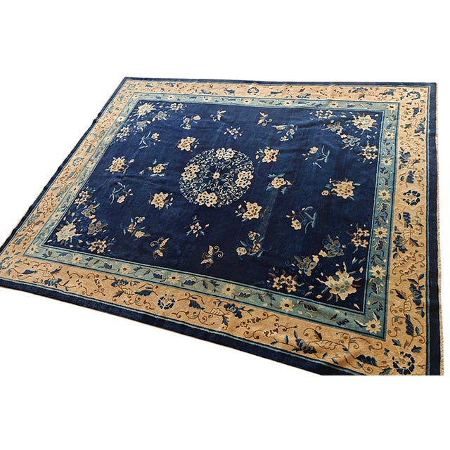 1920s Blue Navy Floral Medallion Deco Oriental Antique Peking Chinese Rug For Sale - Image 10 of 10