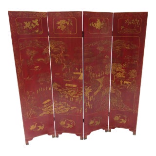Antique Four-Panel Chinese Red Lacquer Screen For Sale