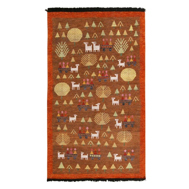 Mid-Century Modern Rug & Kilim Classic Pictorial Folk Art Style Rug in Beige-Brown, Red Border, 8x10 For Sale - Image 3 of 3