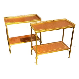 Pair of Italian Bagues Style Brass and Leather Side Tables For Sale