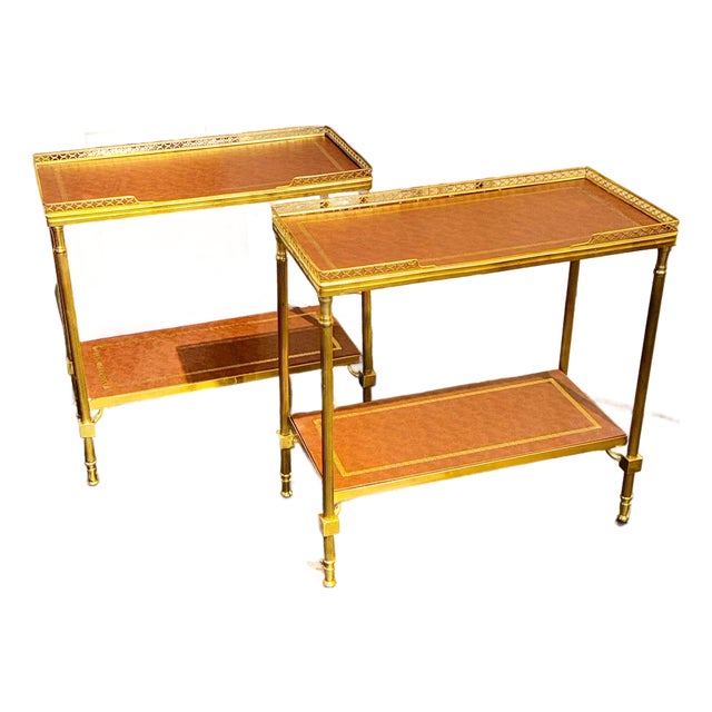 Pair of Italian Bagues Style Brass and Leather Side Tables For Sale