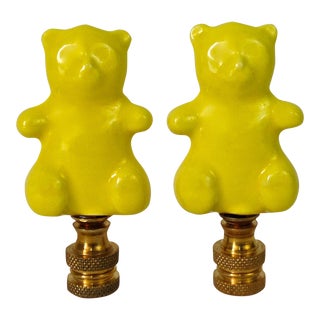 Yellow Ceramic Bear Lamp Finials - A Pair For Sale