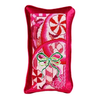 Hand-Embroidered Needlepoint "Candy Cane" Holiday Pillow, One of a Kind For Sale