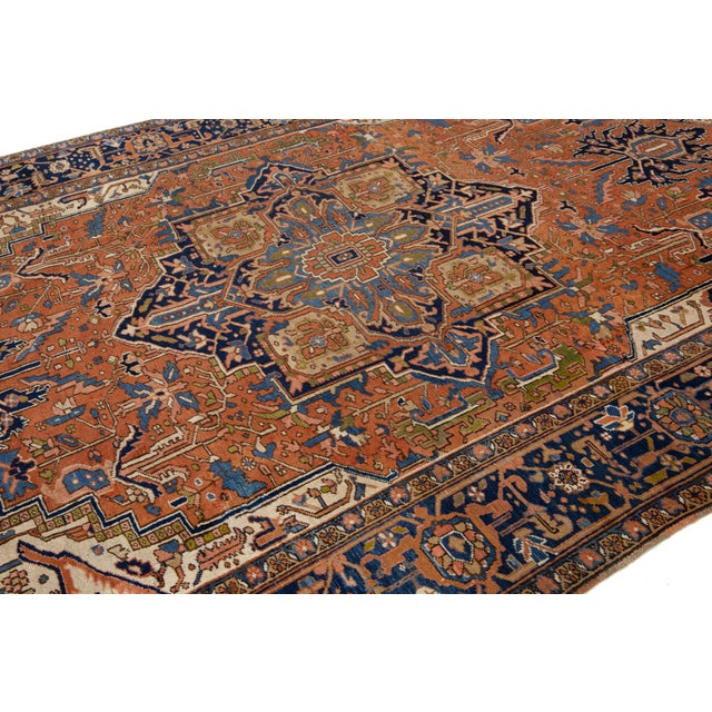 Red 1900s Antique Persian Heriz Wool Rug Handmade in Rust With Medallion Design For Sale - Image 8 of 11