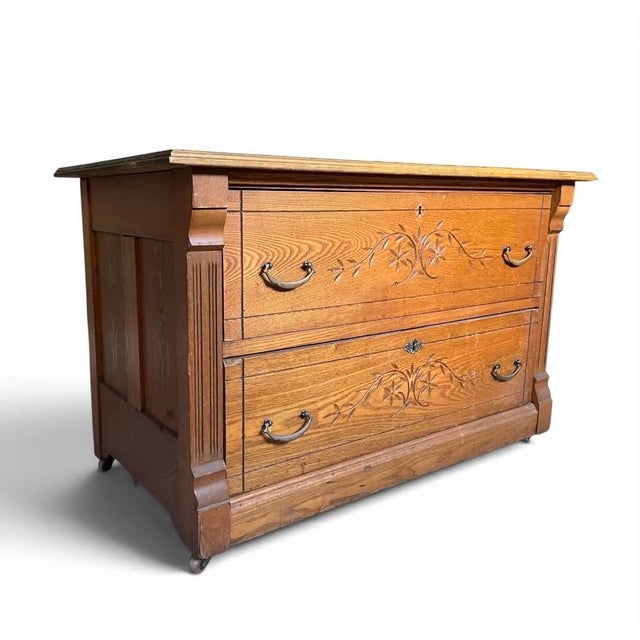 Beautiful Victorian Eastlake Quilt Chest with cedar bottoms in both drawers. Ornate floral carvings on the drawer fronts,...