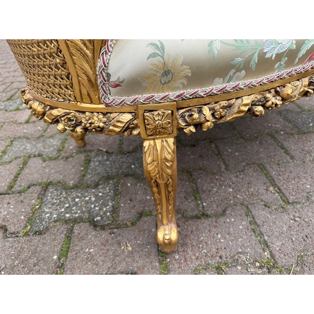 1960 French Louis XVI Gold Beech Damask Settee 1pc For Sale - Image 11 of 13