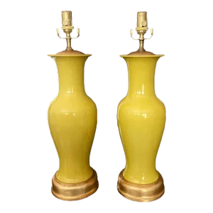 Pair of Japanese Asian Yellow Porcelain Table Lamps