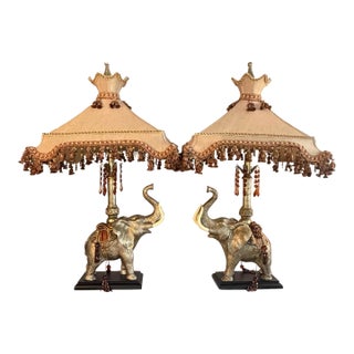 Pair of Vintage Elephant Table Lamps With Original Pagoda Shades - Attributed to Mark Roberts For Sale