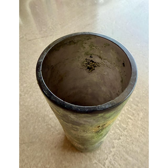 Vintage Murano Scavo Corroso Glass Cylinder Vase Acid Green and Yellow For Sale - Image 12 of 15