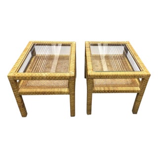 Pair Rattan & Caning Side Tables With Shelf For Sale