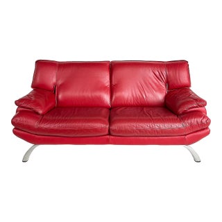 Contemporary Italian Red Leather Loveseat, Metal Legs For Sale