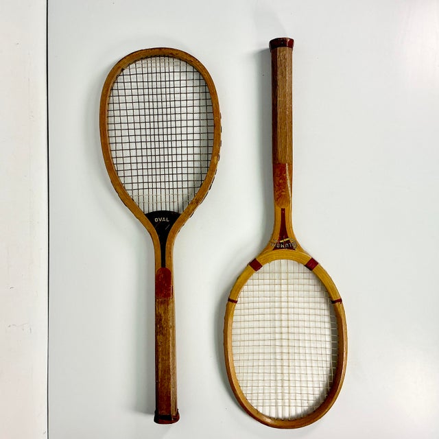Spaulding & Company 1905 Antique Americana Boho Chic Wood Tennis Rackets Home Accents - A Pair. For Sale - Image 4 of 17