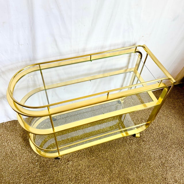 1980s Hollywood Regency Gold 3 Tier Bar Cart on Casters For Sale - Image 5 of 12