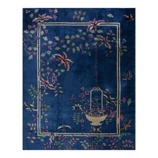 1920s Navy Blue Green Floral Antique Chinese Art Deco Carpet 11'9" X 14'9'' Rug For Sale