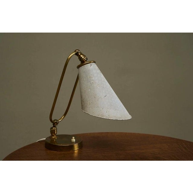 Vintage French Table Lamp in Patinated Brass and Perforated Metal by Mathieu Matégot, 1950s For Sale - Image 13 of 14