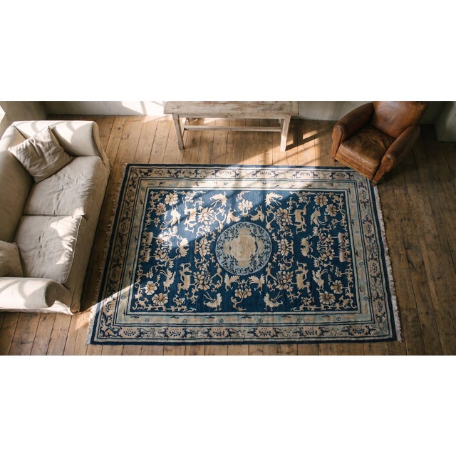 Navy Blue Mid-19th Century W. Chinese Ningxia Carpet ( 6'9" x 9'6" - 205 x 290 ) For Sale - Image 8 of 8