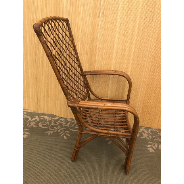 1970s Vintage Weaved Rattan High Back Lounge Chairs & Rattan Ottoman Set- 3 Pieces For Sale - Image 12 of 13