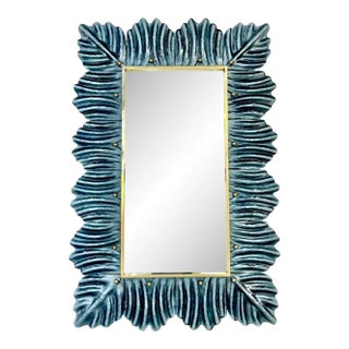 Bespoke Italian Modern Leaf Design Avio Silver Blue Murano Glass Brass Mirror For Sale