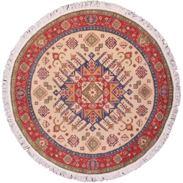 Rustic Kazak Ivory/Red Wool Round Rug- 6'5''x6'6'' For Sale - Image 10 of 10