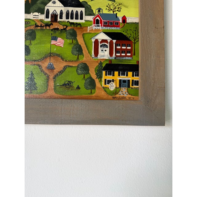 Green 1985 Nancy Lucek Folk Art Village Landscape Oil Painting on Canvas, Framed For Sale - Image 8 of 12