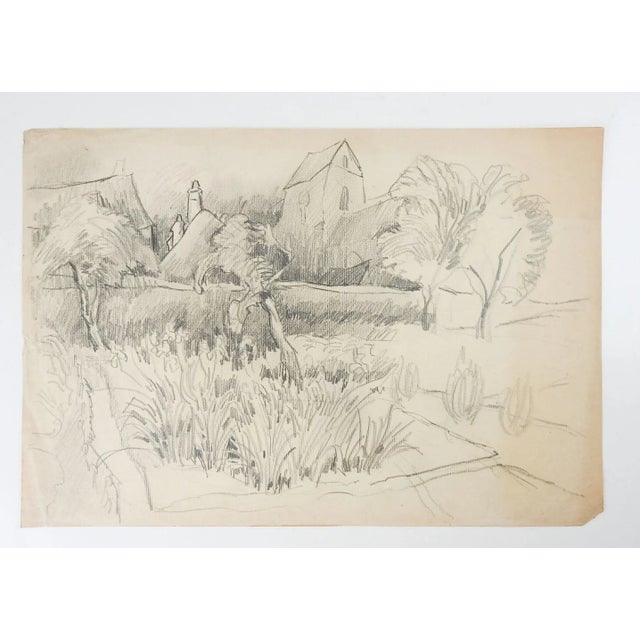 Vintage pencil on paper study of rustic farm landscape drawing by George Baer (American 1895-1971). Unframed, age toning,...