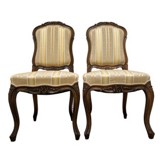 Pair Walnut French Louis Accent Side Chairs Silk Fabric For Sale