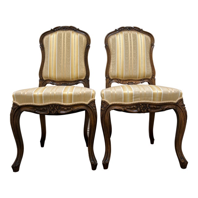 Pair Walnut French Louis Accent Side Chairs Silk Fabric For Sale