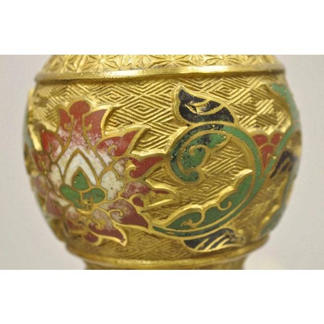 Vintage Japanese Cloisonne Enamel 13" Brass Bronze Candlestick Lamp Base - Pair For Sale In Philadelphia - Image 6 of 11