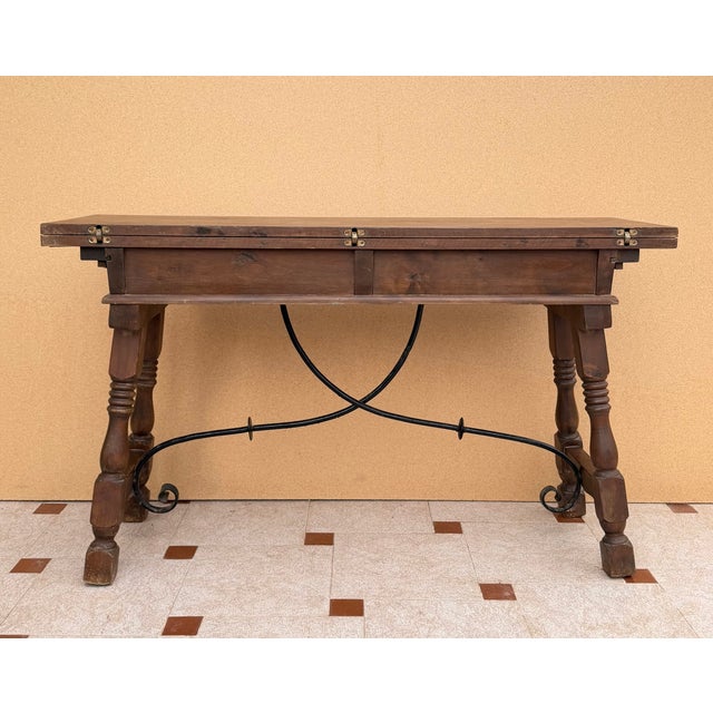 Spanish Drop-Leaf Console Table With Iron Stretchers, 1940s For Sale - Image 11 of 11