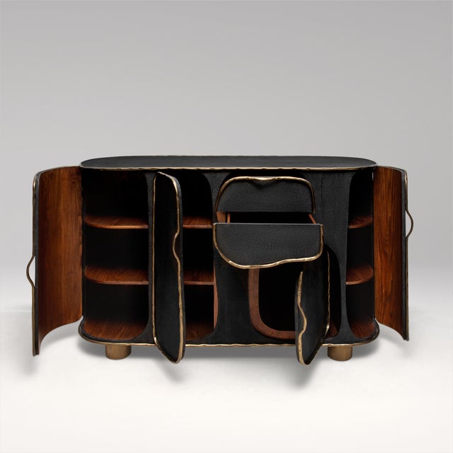 Mid-Century Modern Buffet in Black Shagreen With Bronze Patina Brass Detail by R&y Augousti For Sale - Image 3 of 9