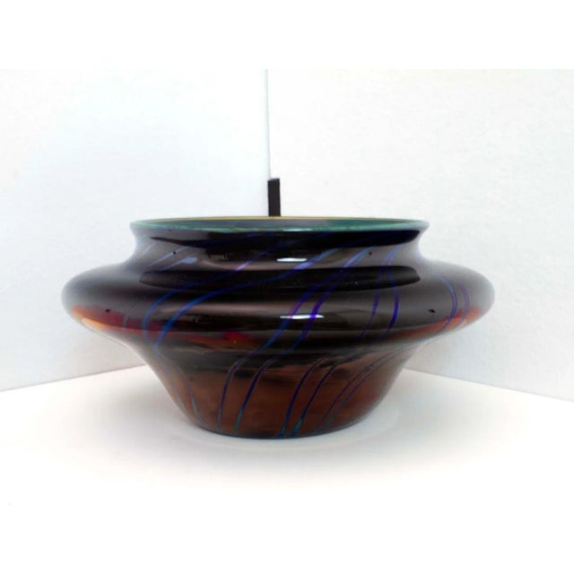 Late 20th Century Charles Schneider Signed Modern Green & Blue Iridescent Swirl Design Vessel For Sale In Detroit - Image 6 of 10