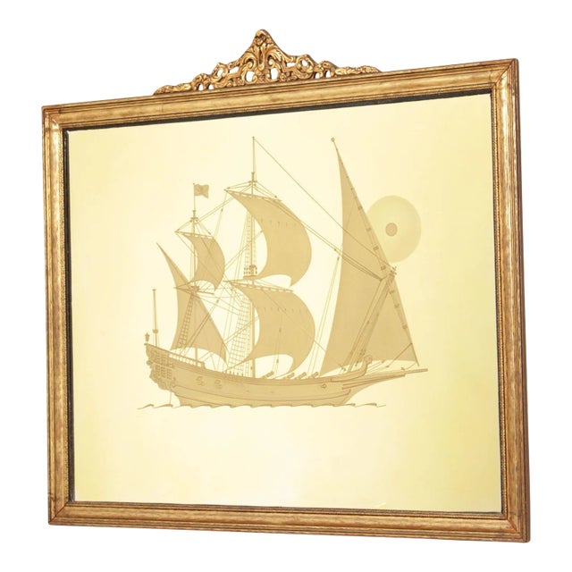 Vintage Gilt Frame Etched Masted Ship Wall Mirror For Sale