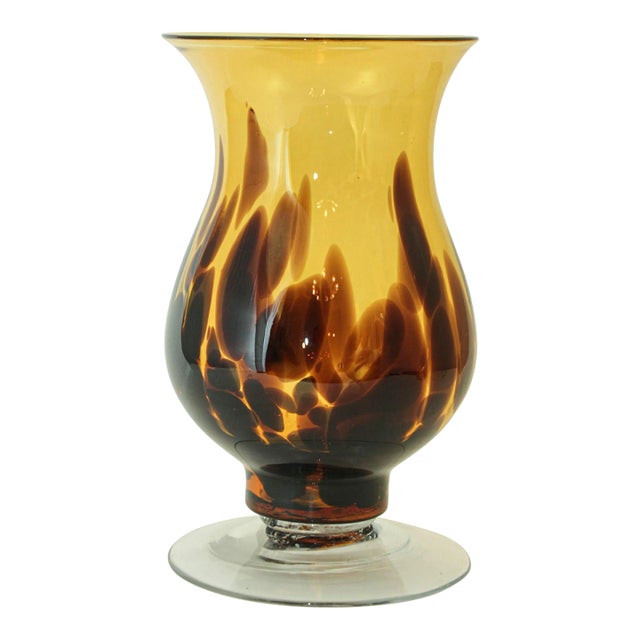 Italian Tortoise Shell Blown Art Glass Footed Vase Vintage From 1970 For Sale