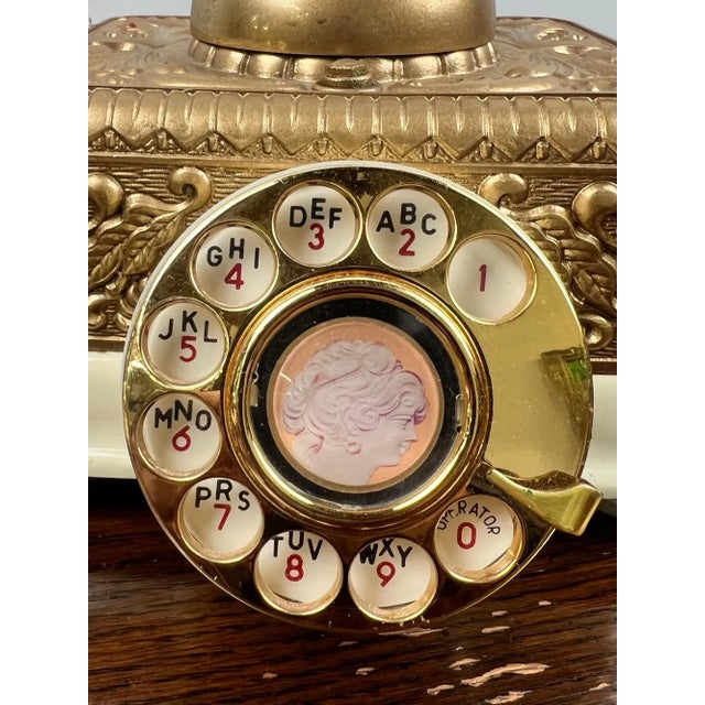 Vintage French Style Brass Rotary Telephone With Ornate Repoussé Cream Enamel Base For Sale - Image 13 of 16