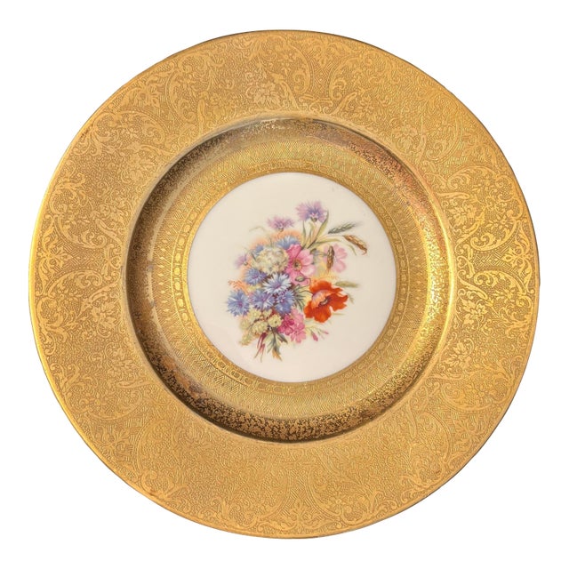 1930s Hutschenreuther / Heinrich & Co Gold Encrusted Floral Service Plates - Set of 4 For Sale