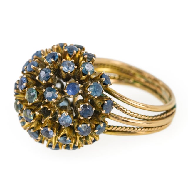 10k Yellow Gold Blue Topaz Cluster Ball Cocktail Ring Vintage For Sale - Image 4 of 7