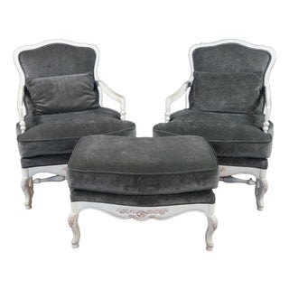 Vintage Highland House French Provincial Spanish Oak Lounge Chairs & Ottoman For Sale