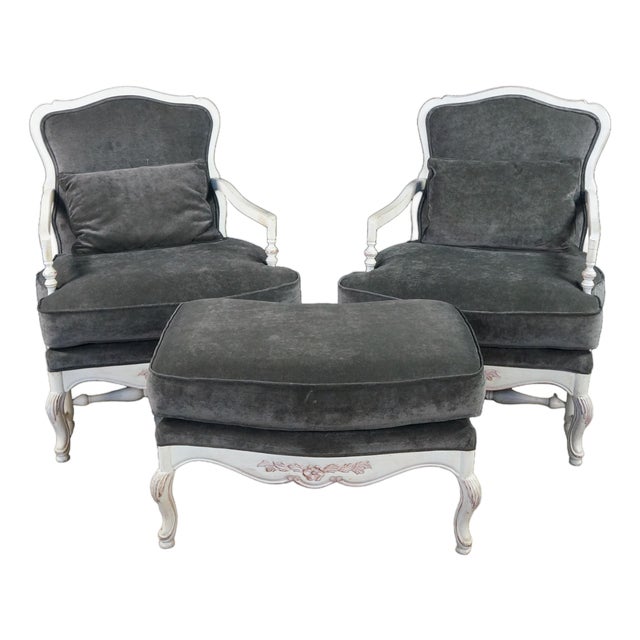 Vintage Highland House French Provincial Spanish Oak Lounge Chairs & Ottoman For Sale
