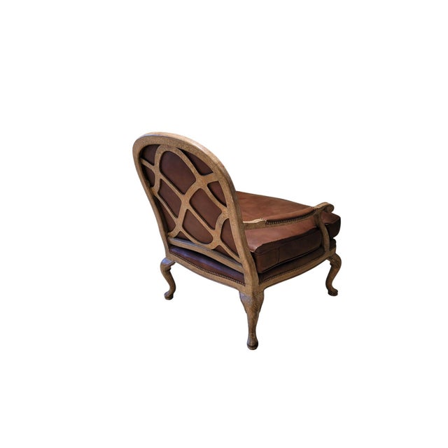 French Louis XV Revival Leather Fauteuil Lounge Chair With Pierced Fretwork Back For Sale - Image 13 of 14