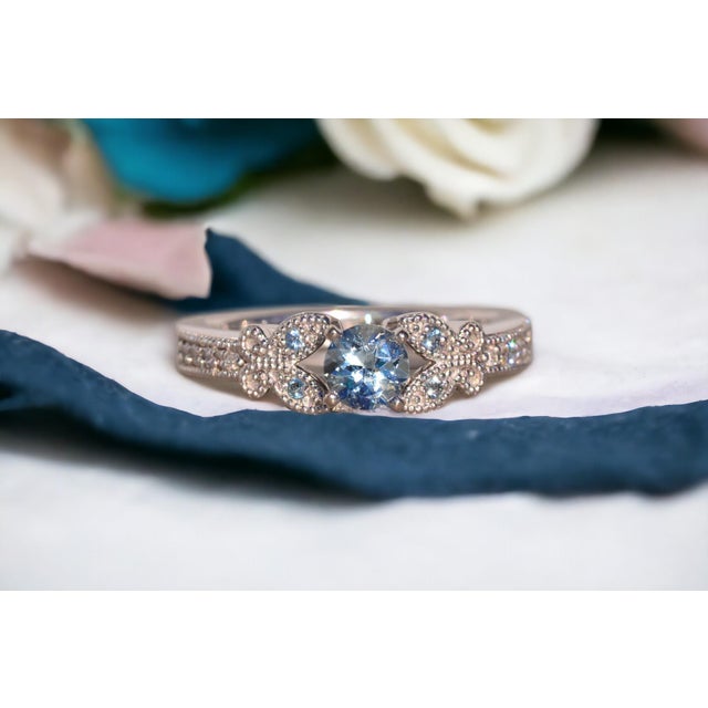 Contemporary The Sarlat: Aquamarine Engagement Ring with Natural Diamonds in Platinum For Sale - Image 3 of 11