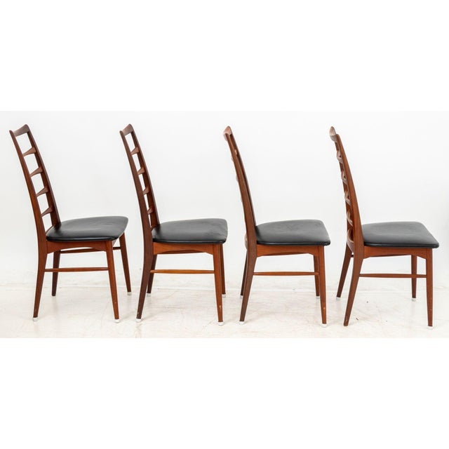 Set of Four Niels Koefoed for Koefoeds Hornslet "Lis" Teak Dining Chairs, 1960s, with black vinyl upholstered seats,...