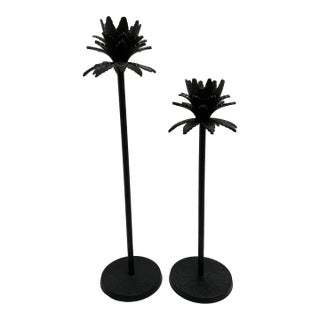 Vintage Set of Two Black Palm Tree Candleholders For Sale