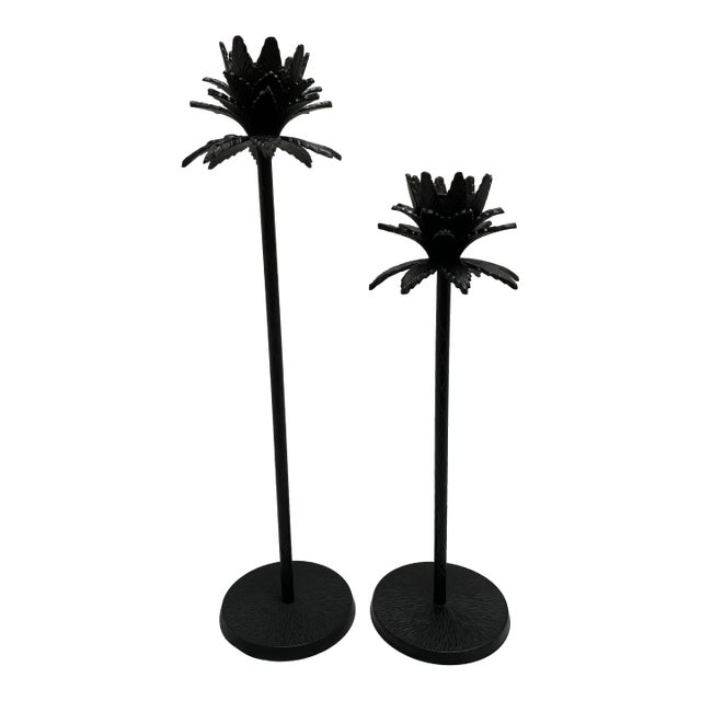 Vintage Set of Two Black Palm Tree Candleholders For Sale