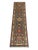 A Kazak-style wool runner with a charcoal gray field and a repeating row of tribal medallions. The cream patterned border...