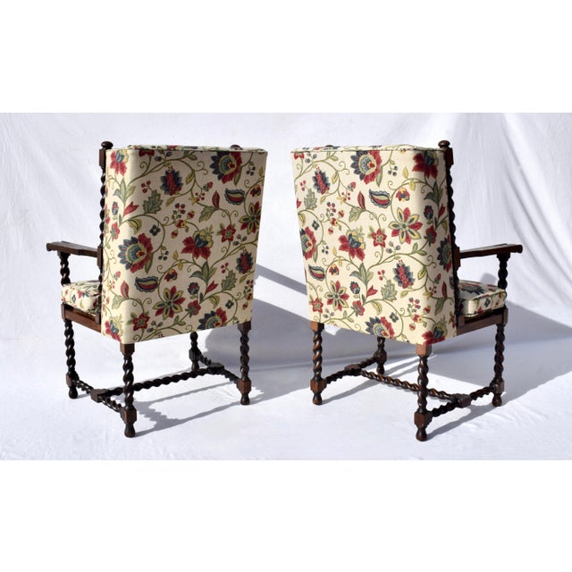 Early 20th Century Upholstered Barley Twist Wing Back Lounge Chairs For Sale - Image 5 of 11