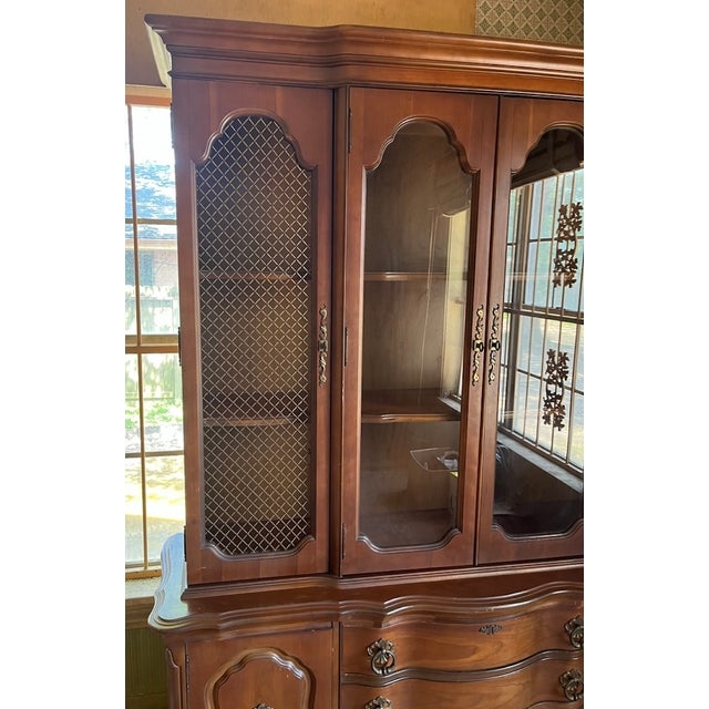 Mid 20th Century French Provincial Style China Cabinet — 2-Piece, Brass Lattice Doors, Serpentine Base For Sale - Image 10 of 13
