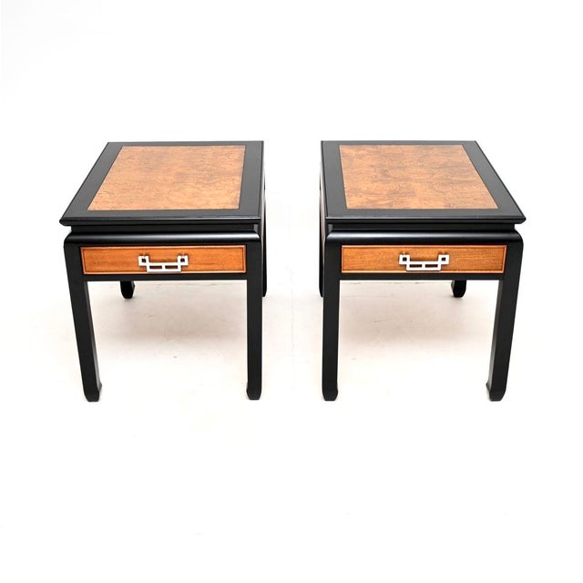 A superb pair of vintage burr elm side tables by Raymond Sobota. They were made in the USA by Century furniture for the...