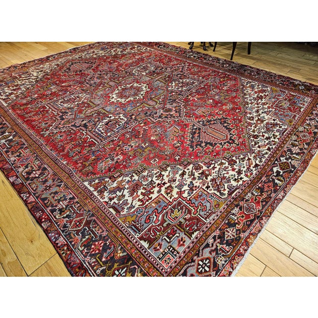Vintage Persian Heriz Rug, Hand-Knotted Wool, Geometric Medallion Pattern, Red & Navy, 10x13 For Sale - Image 10 of 11