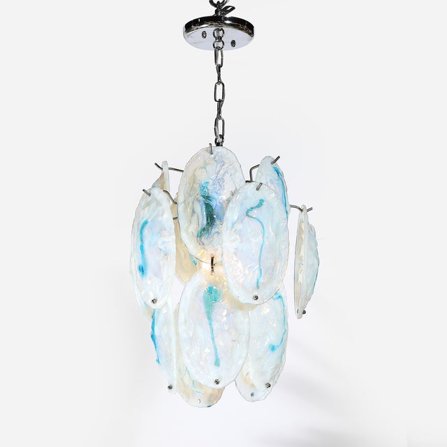 Cerulean Mid-Century Hand-Blown Murano Opalescent & Cerulean Detail Glass Chandelier For Sale - Image 8 of 18